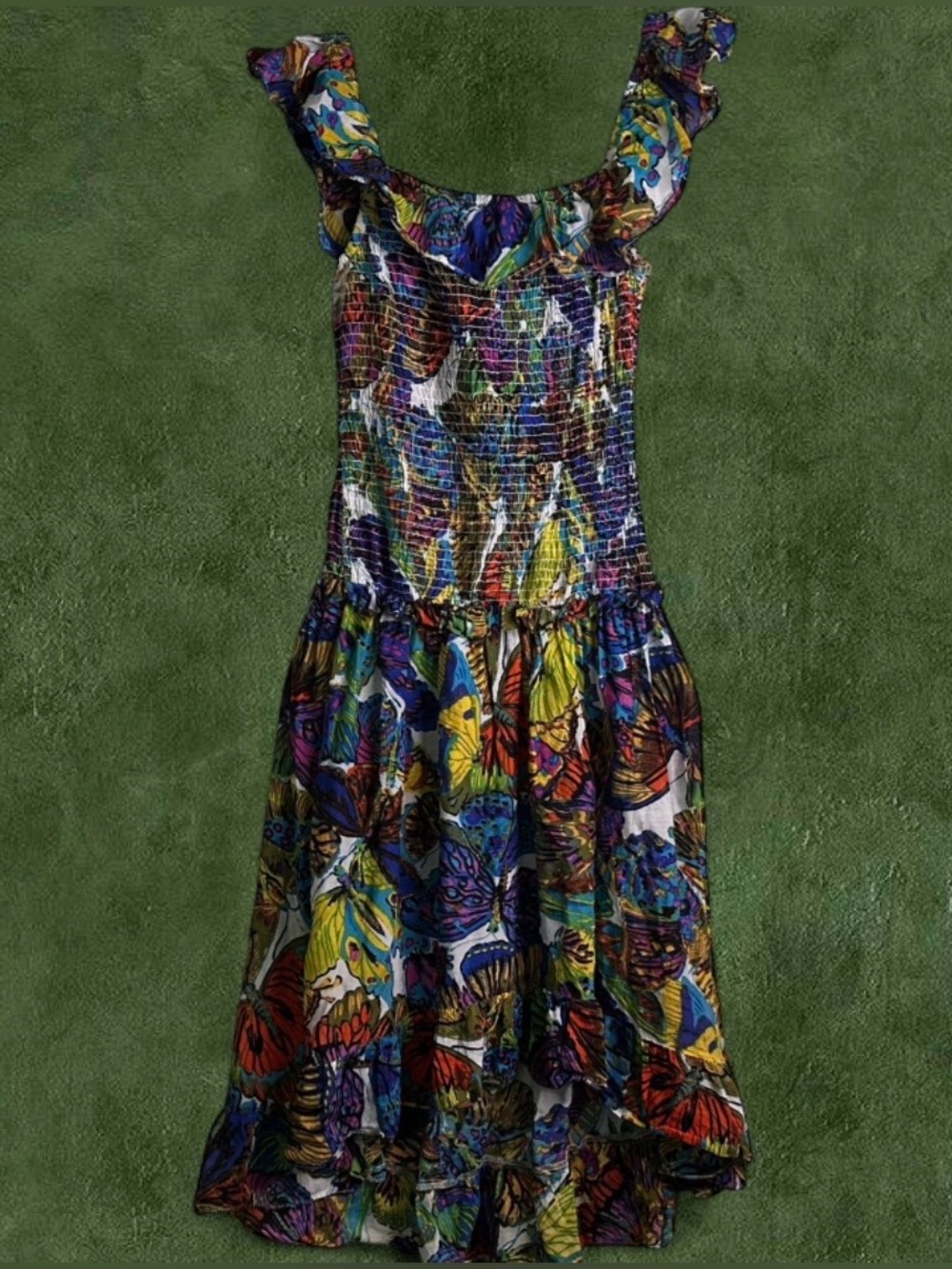 Rare Nanette Lepore butterfly print smocked hi-low dress
